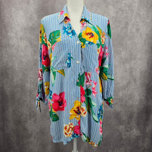 Ruby Rd Blue Stripe Floral Button Up Shirt Top Medium