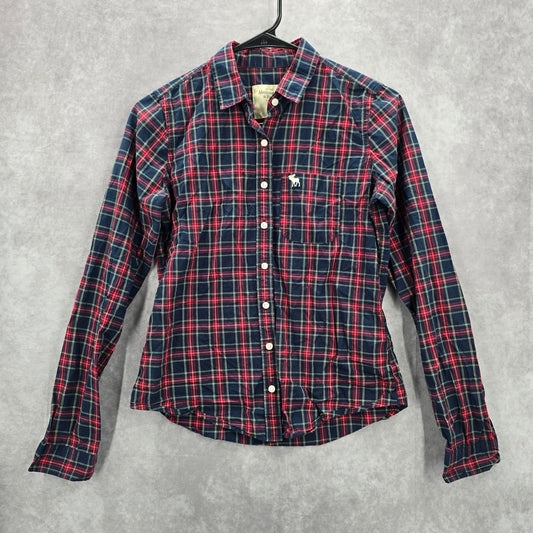 Abercrombie & Fitch Red Blue Plaid Tartan Long Sleeve Button Up Shirt Boys XS