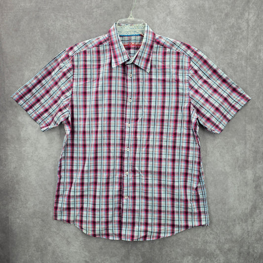 Report Collection Red Plaid Stripe Button Down Short Sleeve Work Casual Shirt XL