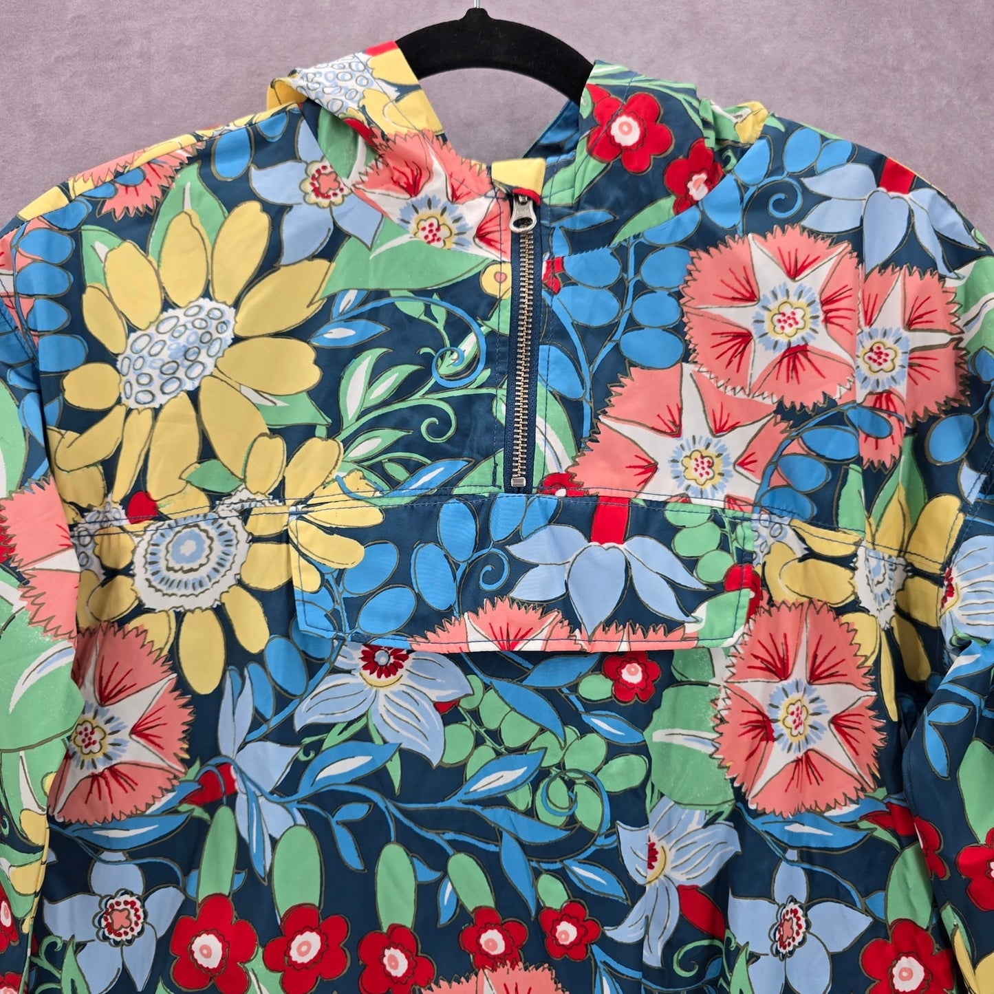 Gymboree Blue Floral Pullover Windbreaker Hood Coat Jacket Half Zip Girls XL 14