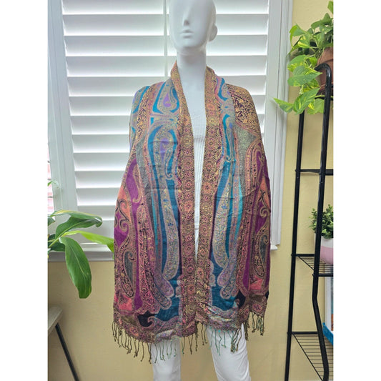 Multicolor Paisley Floral Fringe Sparkly Y2K Whimsy Paisley Cottage Scarf OSFM