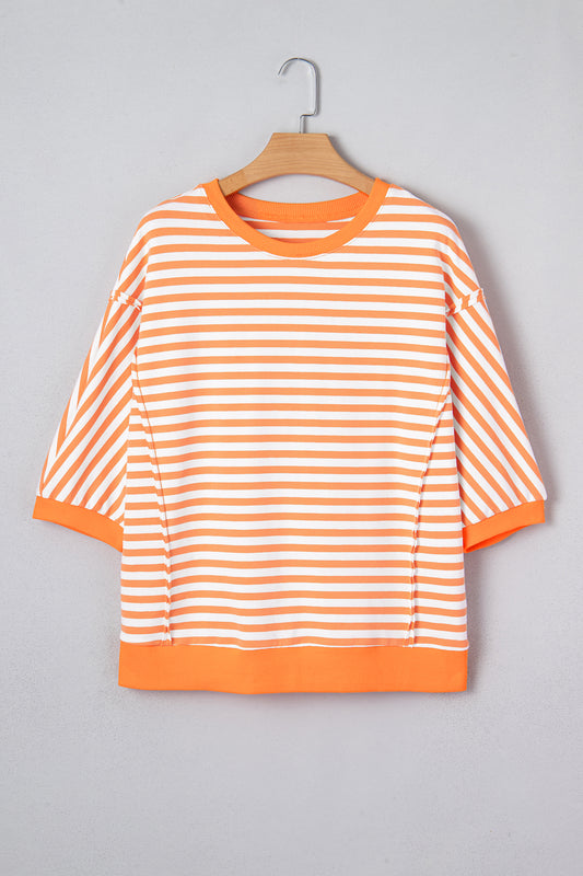Orange Stripe 3/4 Sleeve Exposed Seam Patchwork Pullover Top
