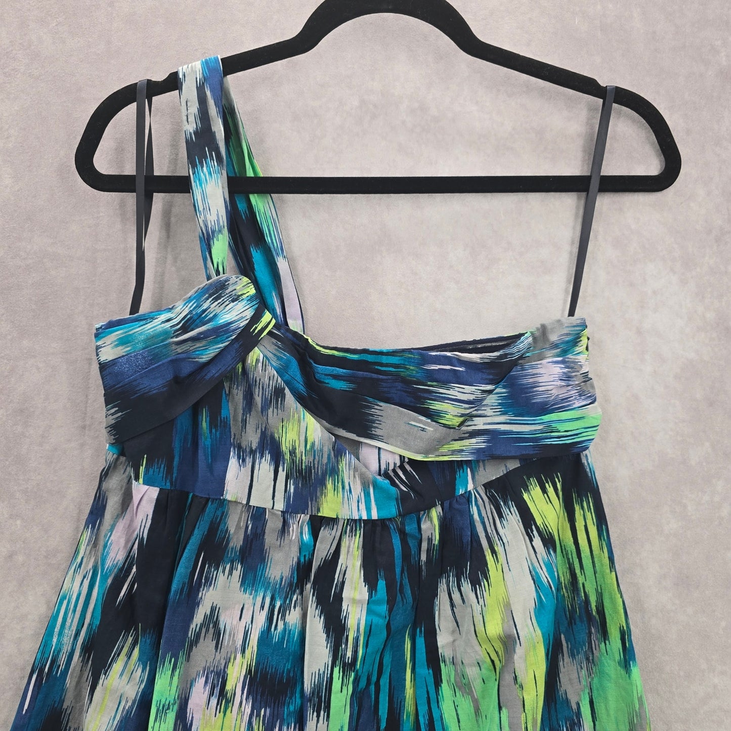 Ann Taylor Blue Green Thick One Shoulder Mini Midi Flare Abstract Dress XS 2