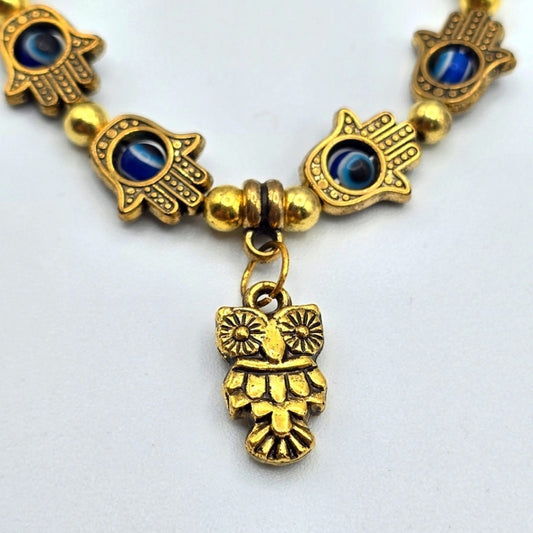 Evil Eye Owl Gold Bead Fashion Elastic Bracelet Charm Costume Jewelry
