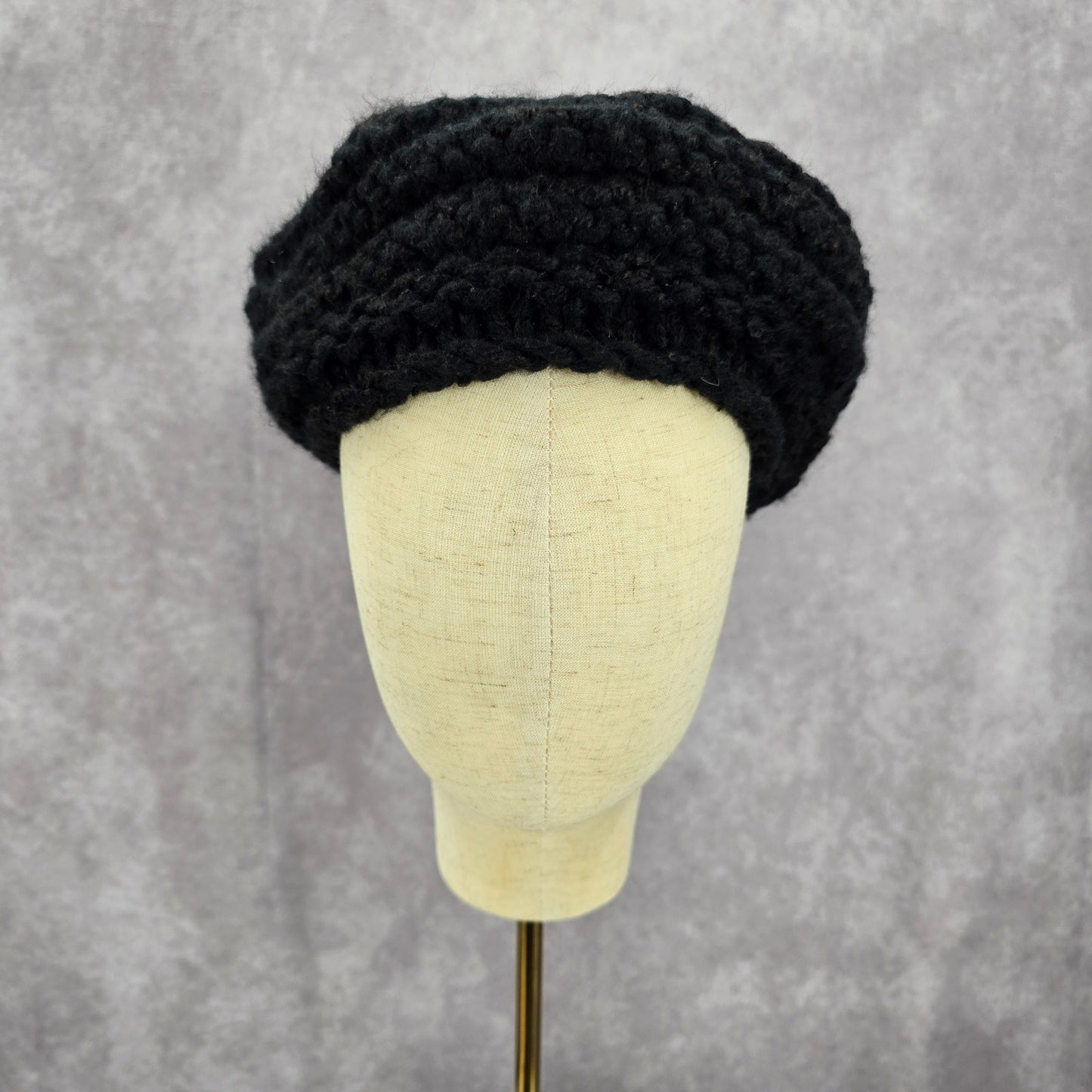 C.C Exclusives Black Beret Crochet Knit Bucket Cap Hat Fun VTG Y2K Funky Beanie
