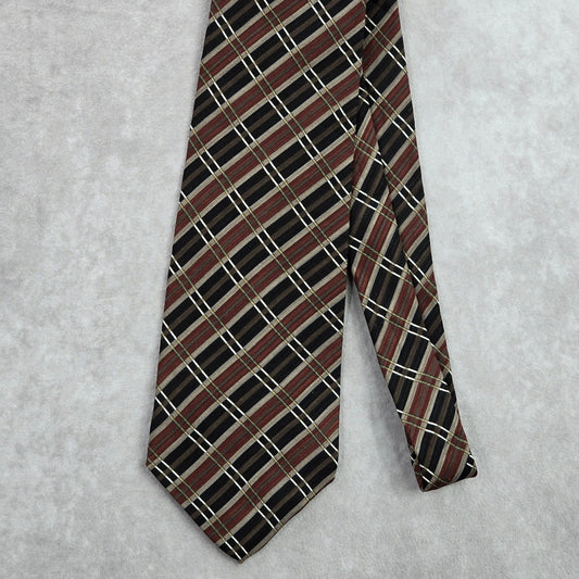Croft & Barrow Brown Black Striped Plaid Tartan Geometric Silk Neck Tie Men's