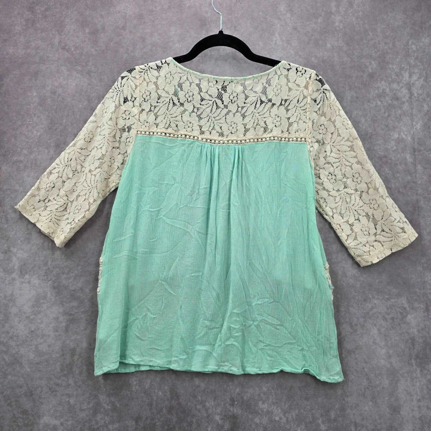 Christian Caliendo Mint Green White Lace Boho Shirt Top Blouse Small