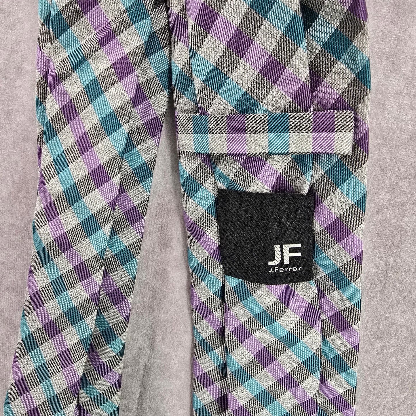 JF J. Ferrar Gray Purple Blue Plaid Tartan Checker Men's Neck Tie NWOT