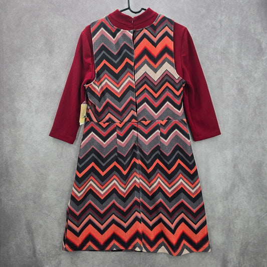 ECI New York Red Chevron High Neck Long Sleeve Flare Knee Length Dress Large