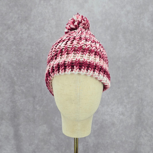 Red Pink Pom Pom White Cable Knit Vintage Y2k Funky Beanie Crochet Cap Hat