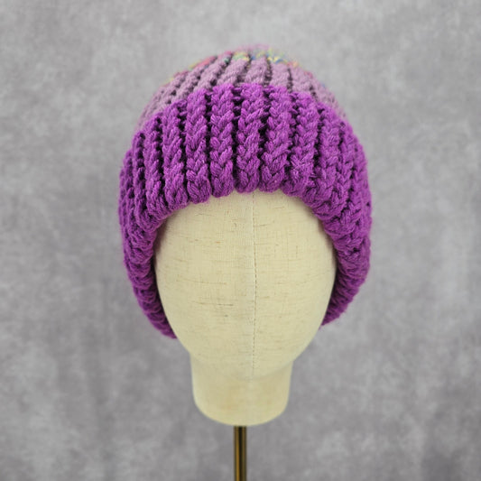 Purple Multi Color Crochet Knit Bucket Cap Hat Fun VTG Y2K Funky Beanie