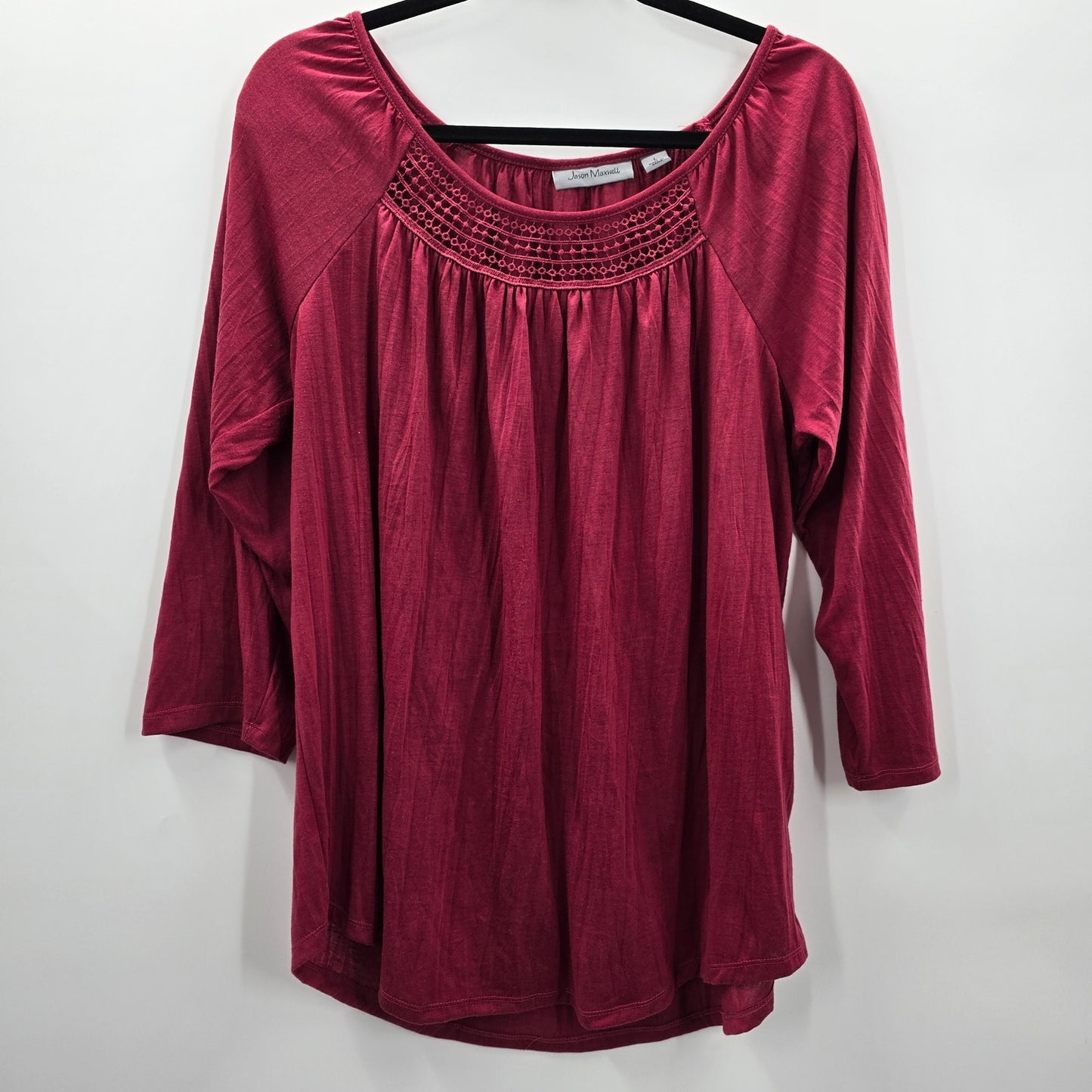 Jason Maxwell Red Lace Quarter Sleeve Ruched Top Blouse Large