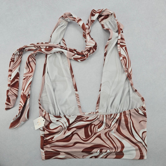 Brown Swirl Beach Boho Halter Tie Crop Short Bikini Bralette Swim Top S Small