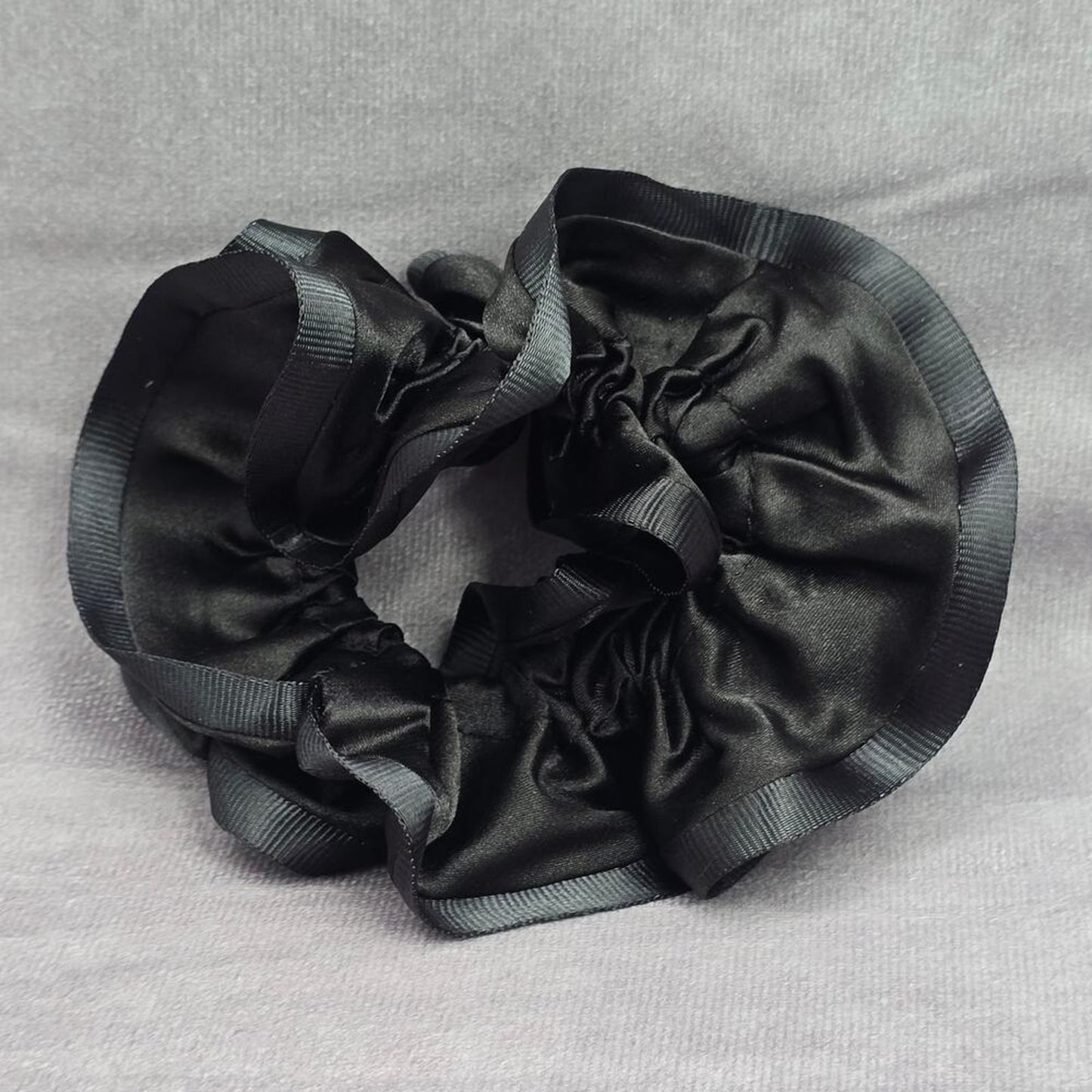 Black Ruffles Silk Satin Hair Tie Accessories Scrunchie Handmade SB24
