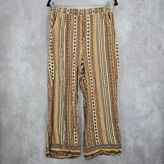 Orange Boho Floral Pullon Wide Straight Hippy Bottoms Pants S/M Small Medium