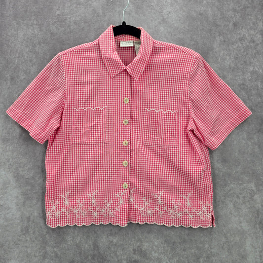 Koret Pink Plaid Short Button VTG Y2K Scallop Embroidered Floral Top Shirt