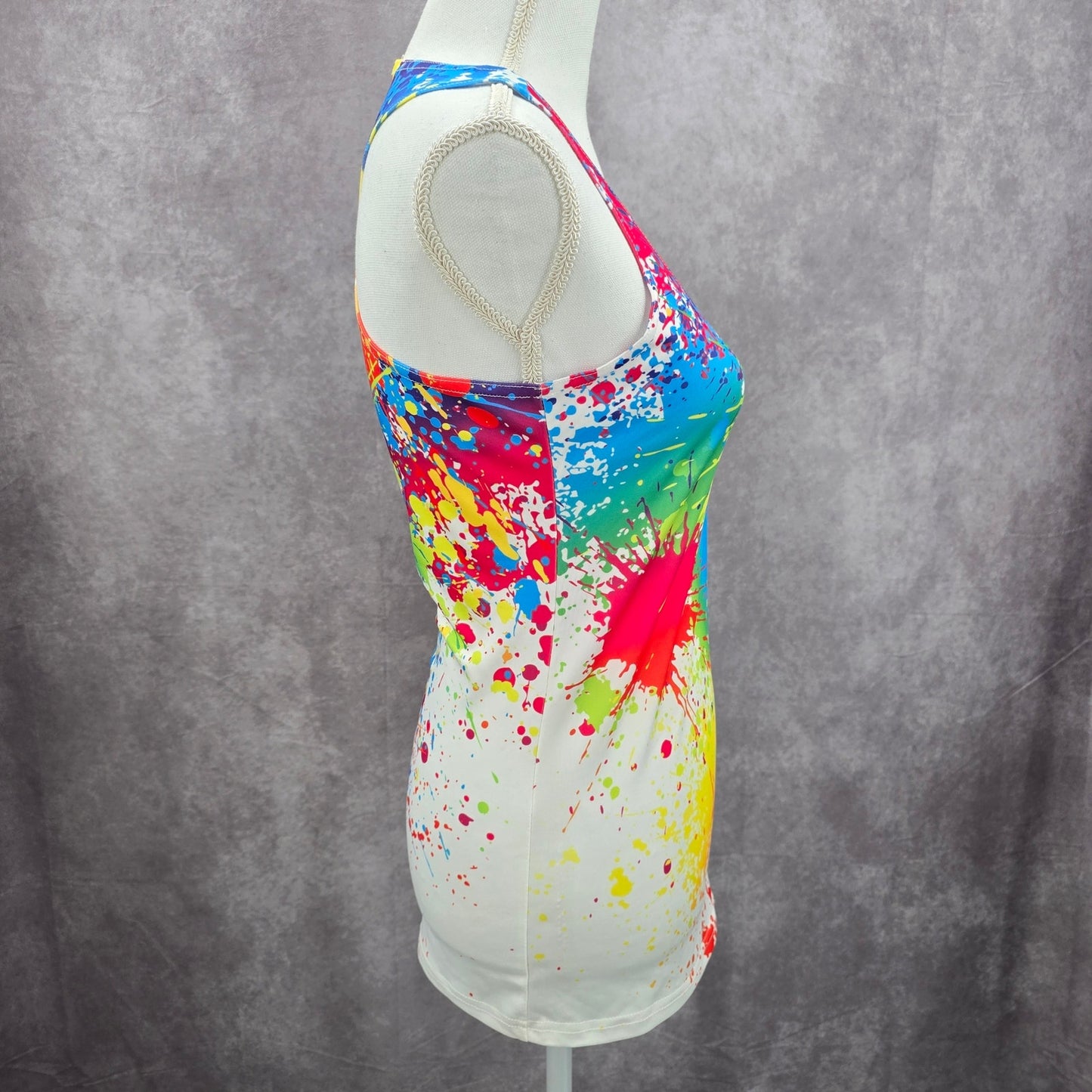 White Racerback Color Blast Activewear Retro Funk Paint Splash Tank Top Small