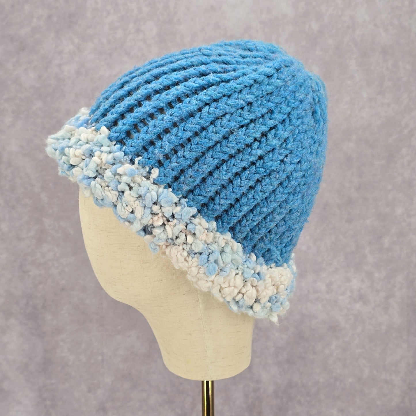 Blue White Crochet Knit Bucket Cap Hat Fun Vintage Y2K Funky Beanie
