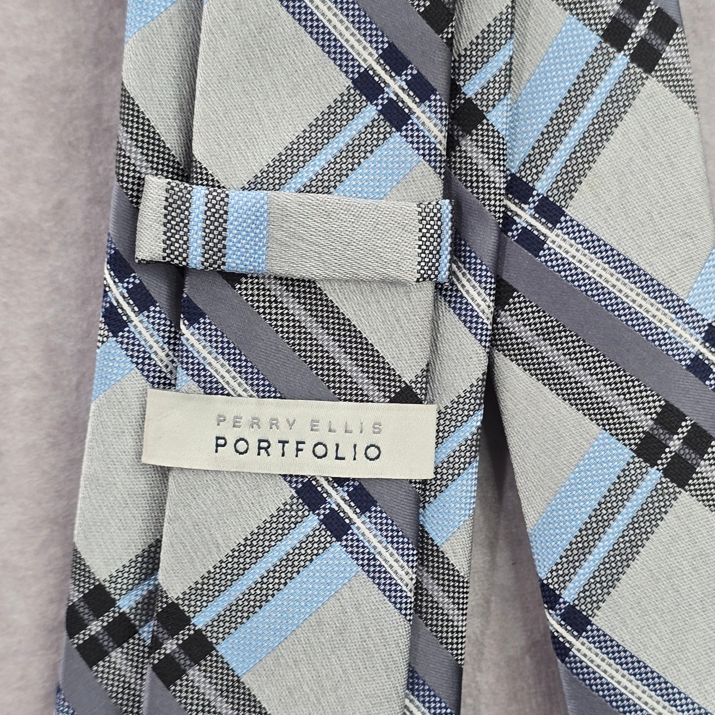 Perry Ellis Portfolio Striped Blue Gray Tartan Plaid Executive Neck Tie Men's