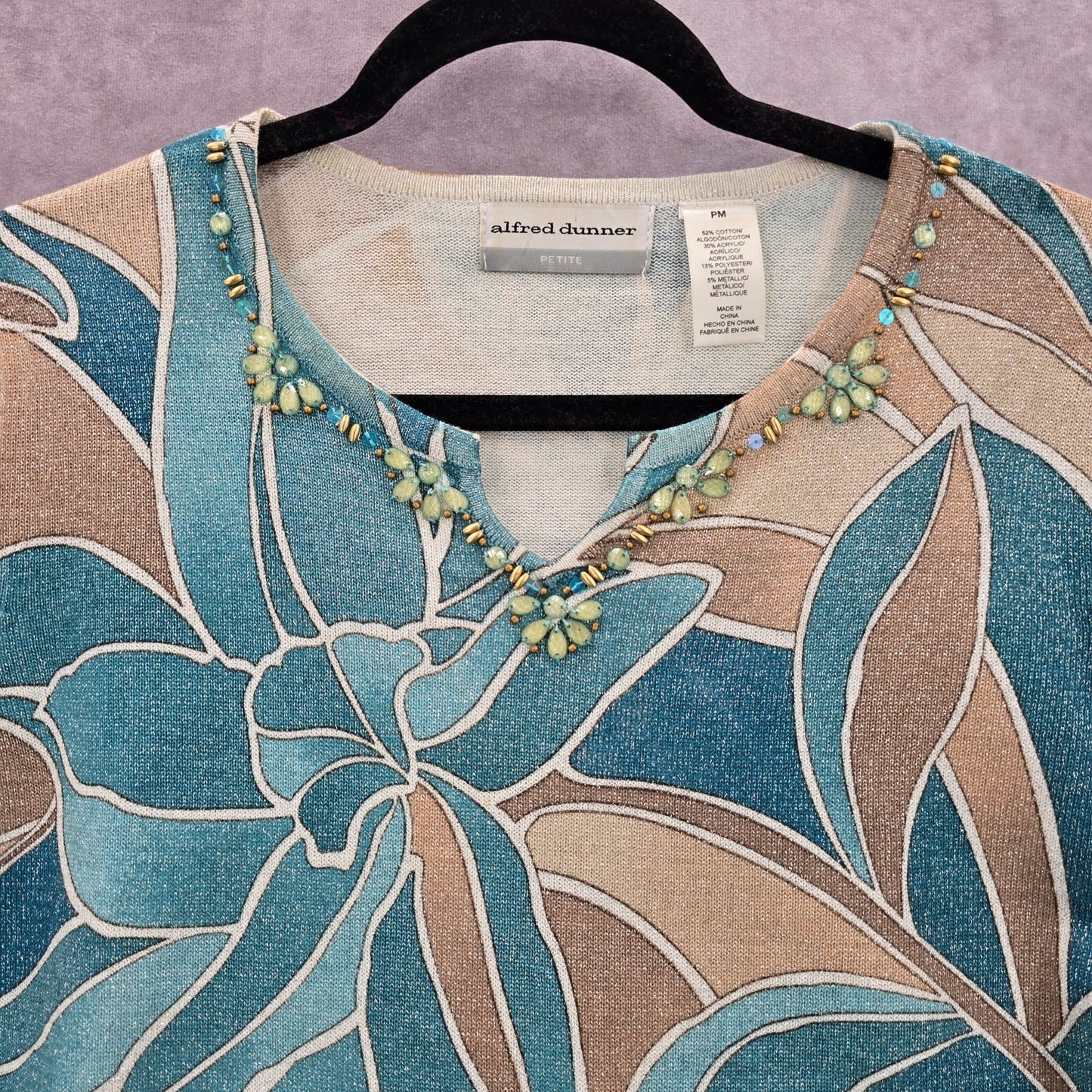 Alfred Dunner Blue Floral Short Sleeve Cotton Beaded Shirt Top Petite Medium