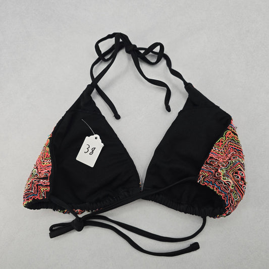 Black Bead Embroidered Halter Tie Active Sports Bikini Boho Beach Top S Small