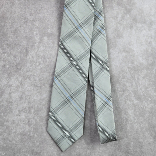 Calvin Klein Grey Striped Plaid Tartan Executive Polyester Silk Neck Tie Men's