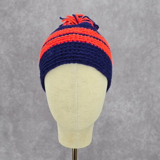 Blue Orange Stripe Pom Pom Crochet Knit Bucket Cap Hat Fun VTG Y2K Funky Beanie