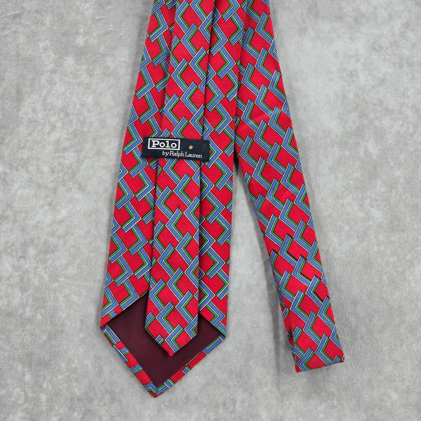 Polo By Ralph Lauren Red Blue Geometric 100% Silk Handmade Men's Neck Tie