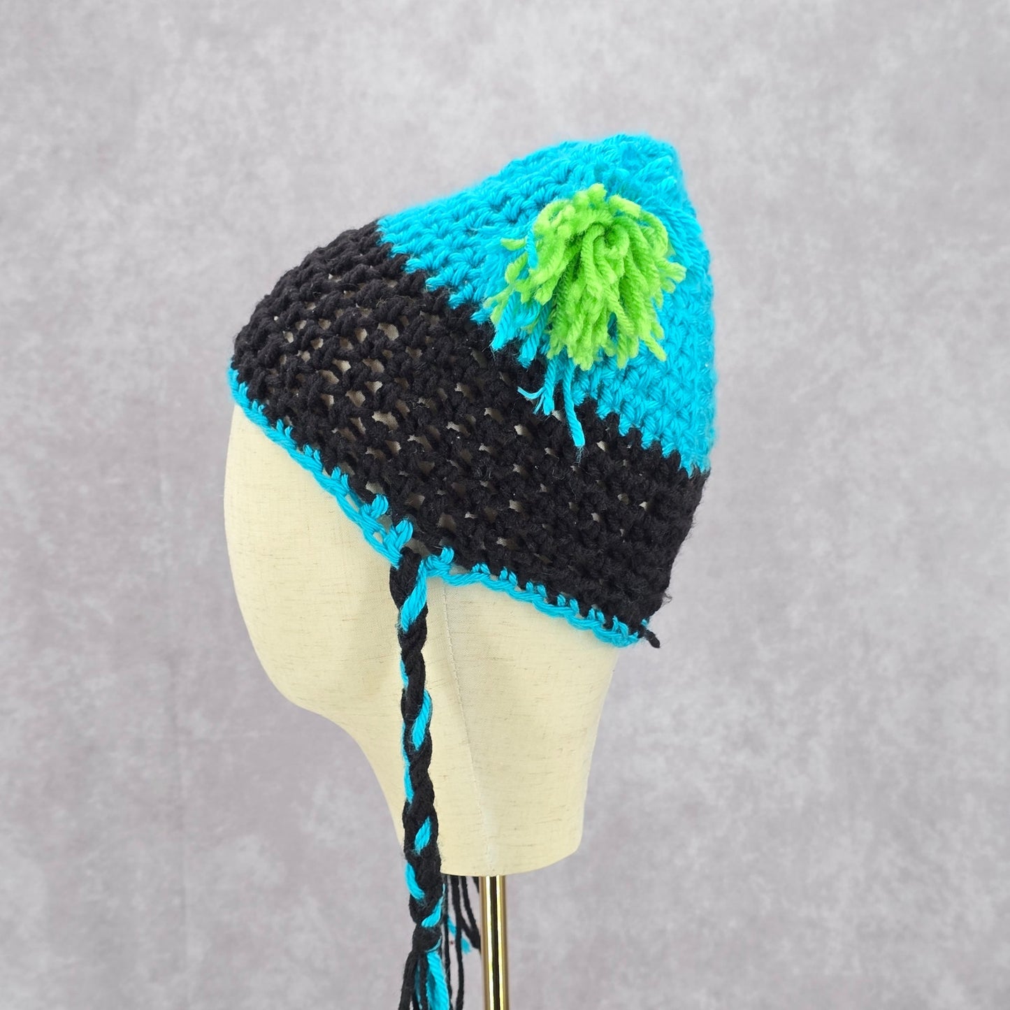 Blue Black Braid Pom Pom Tassel Crochet Funky Knit Bucket Cap Hat Beanie