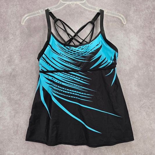 Black Blue Leaf Padded Straps Swimwear Tankini Tank Top Medium M