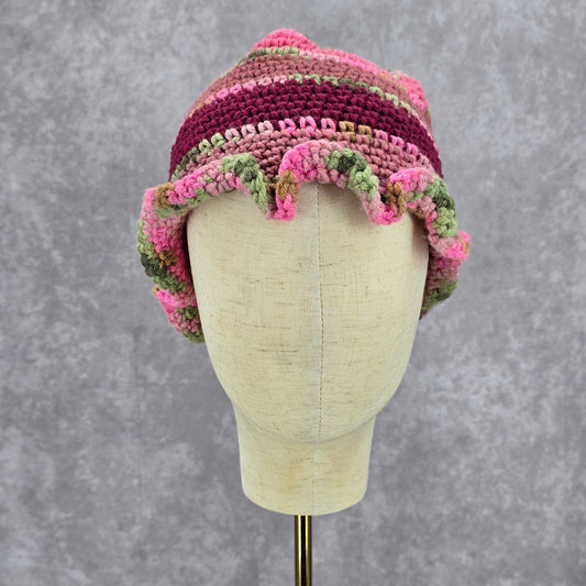 Pink Green Ruffle Crochet Knit Bucket Cap Hat Fun VTG Y2K Funky Beanie