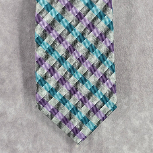 JF J. Ferrar Gray Purple Blue Plaid Tartan Checker Men's Neck Tie NWOT