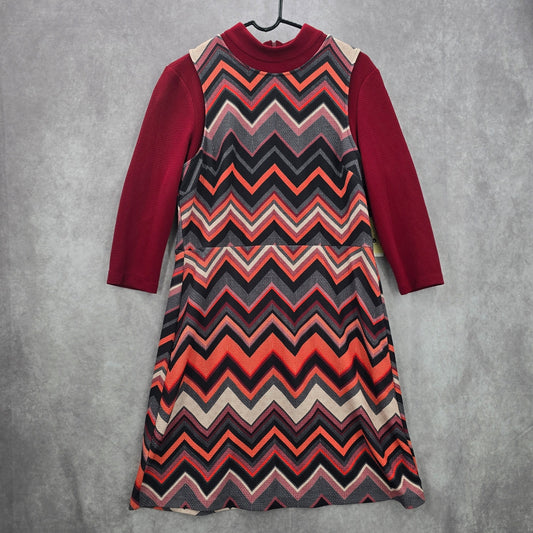 ECI New York Red Chevron High Neck Long Sleeve Flare Knee Length Dress Large