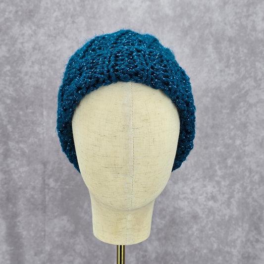 Blue Metallic Crochet Knit Bucket Cap Hat Fun Vintage Y2K Funky Beanie