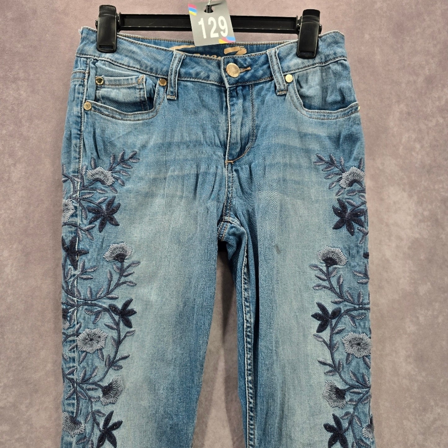 129. Seven7 Blue Embroidered Floral Straight Tapered Denim Pants Jeans 6