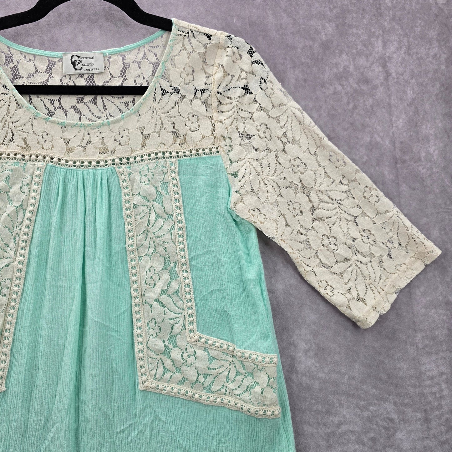 Christian Caliendo Mint Green White Lace Boho Shirt Top Blouse Small