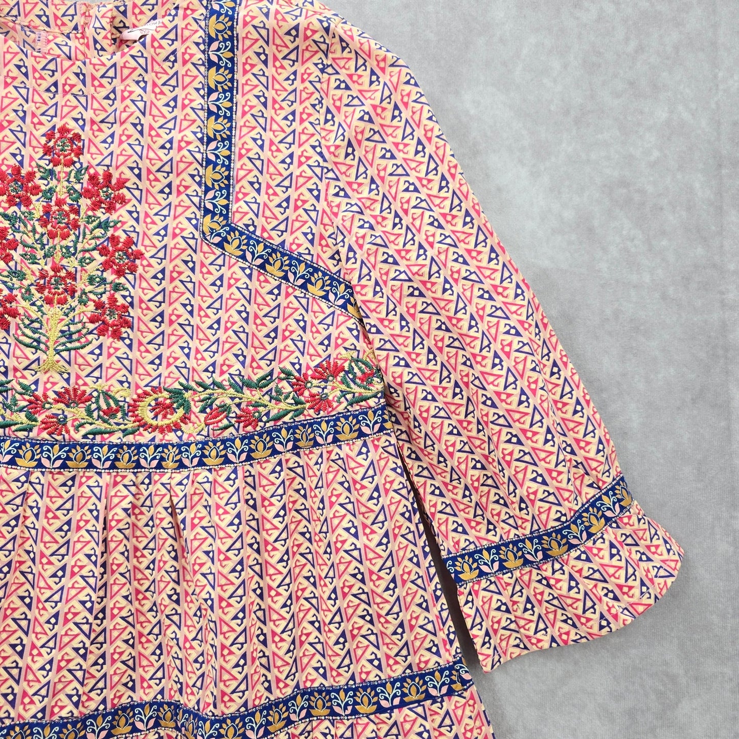 Yellow Pink Blue Long Sleeve Flare Floral Print Embroidered Cotton Dress 10