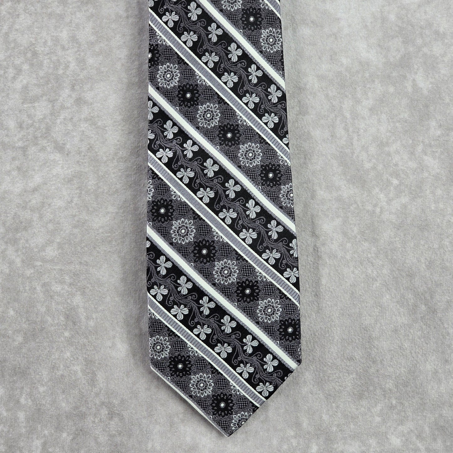 Beau Brummel Black Silver Gray Floral Stripe Silk Executive Neck Tie Men's