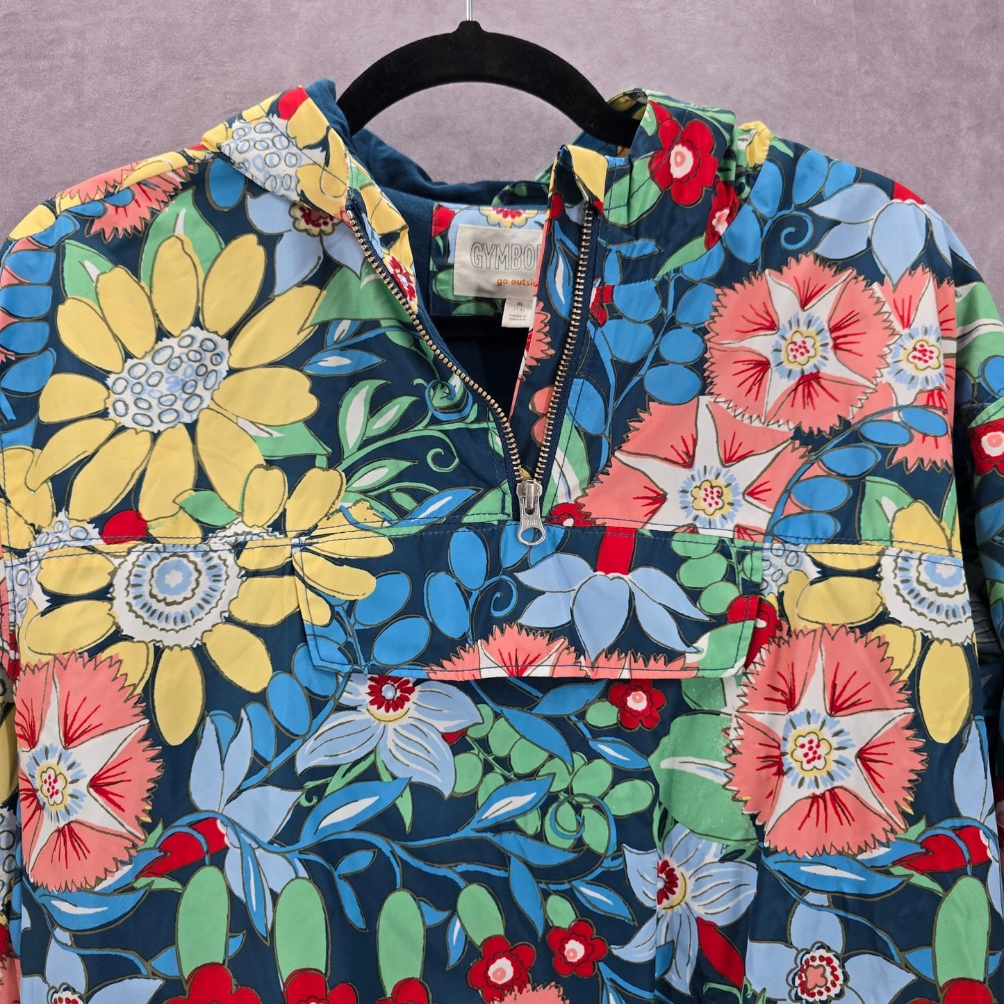 Gymboree Blue Floral Pullover Windbreaker Hood Coat Jacket Half Zip Girls XL 14