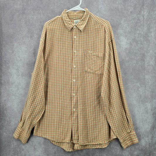 Gap Orange Checker Plaid Long Sleeve Button Down Mens Shirt Extra Large XL