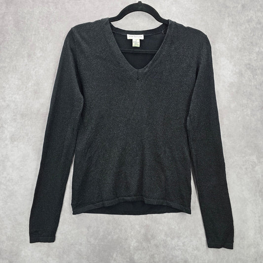 Ann Taylor Black Silver Metallic Long Sleeve Pullover Party Silk Sweater S Small