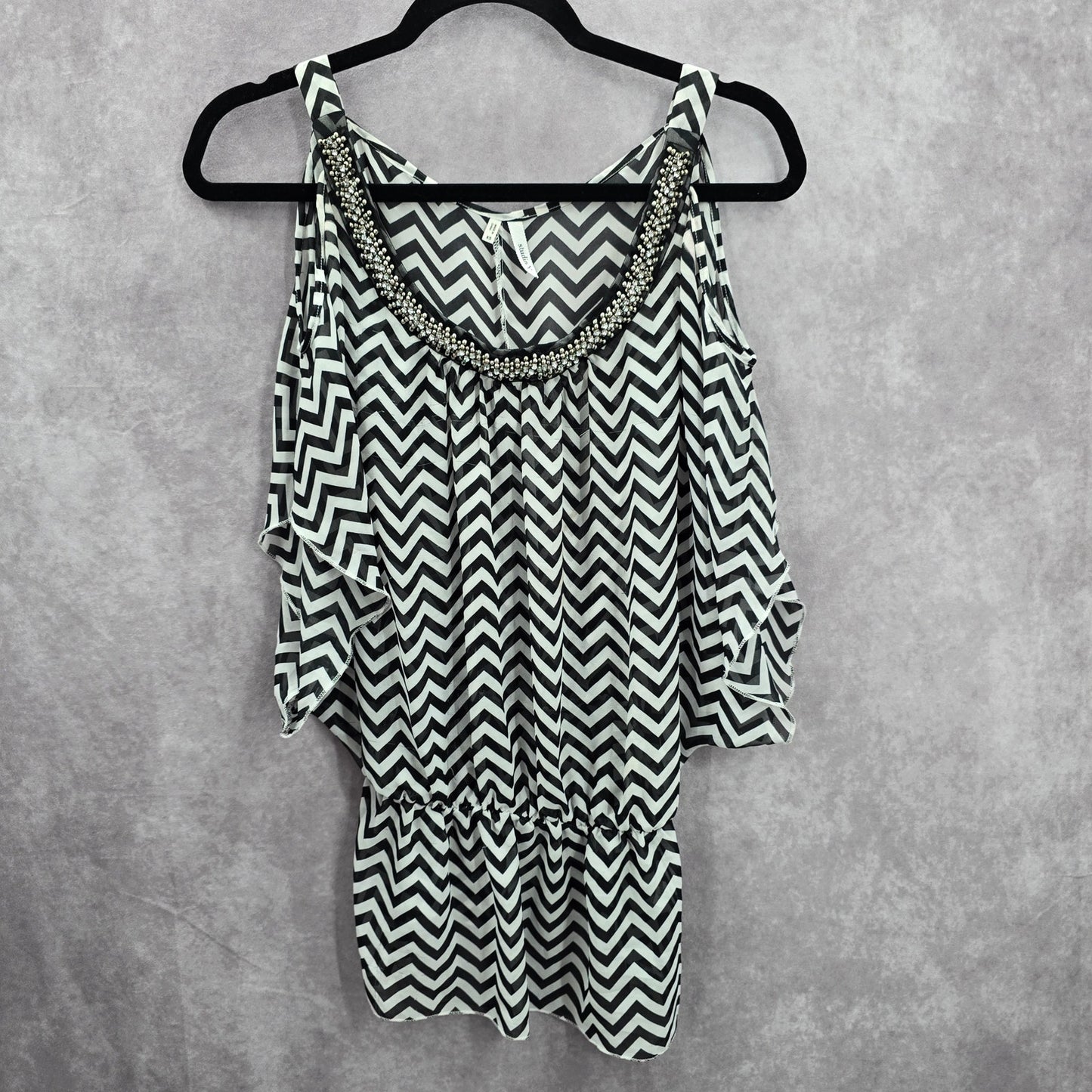 Studio Y Back White Chevron Beaded Sheer Cut Out Cold Shoulder Top XS