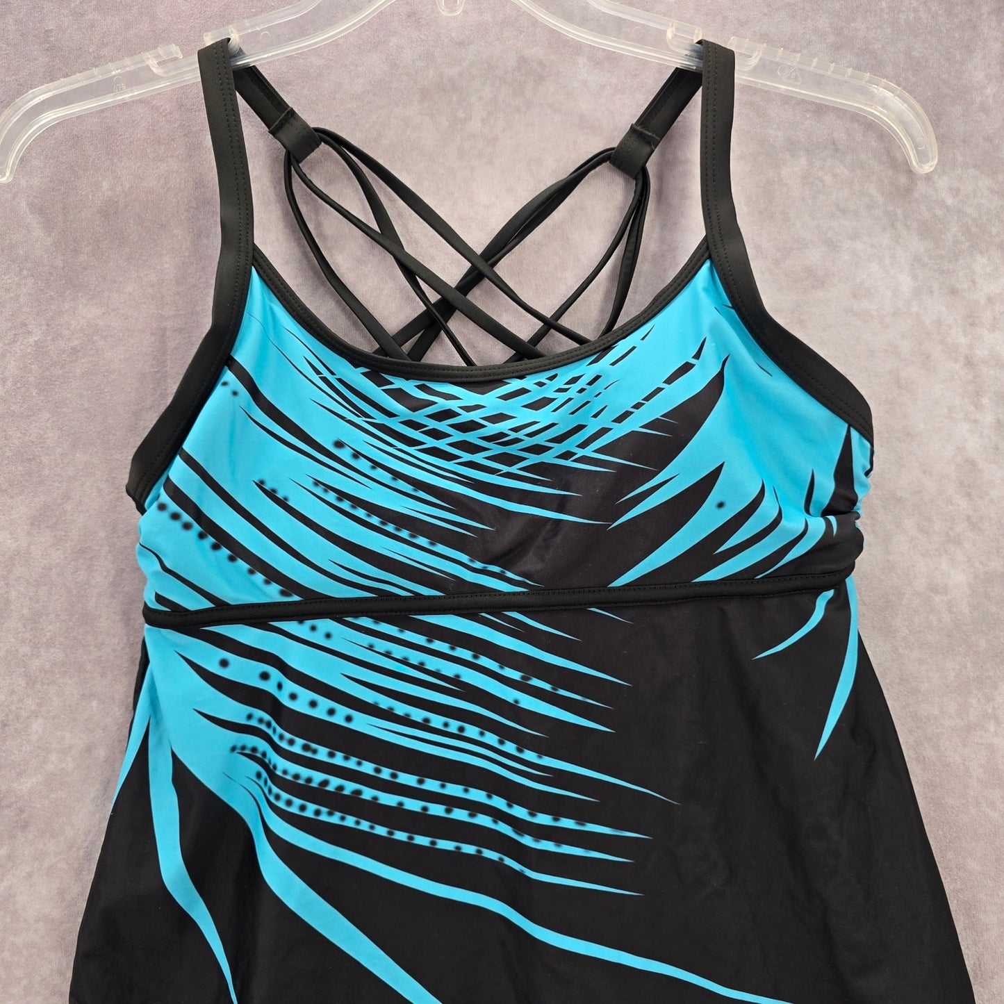 Black Blue Leaf Padded Straps Swimwear Tankini Tank Top Medium M