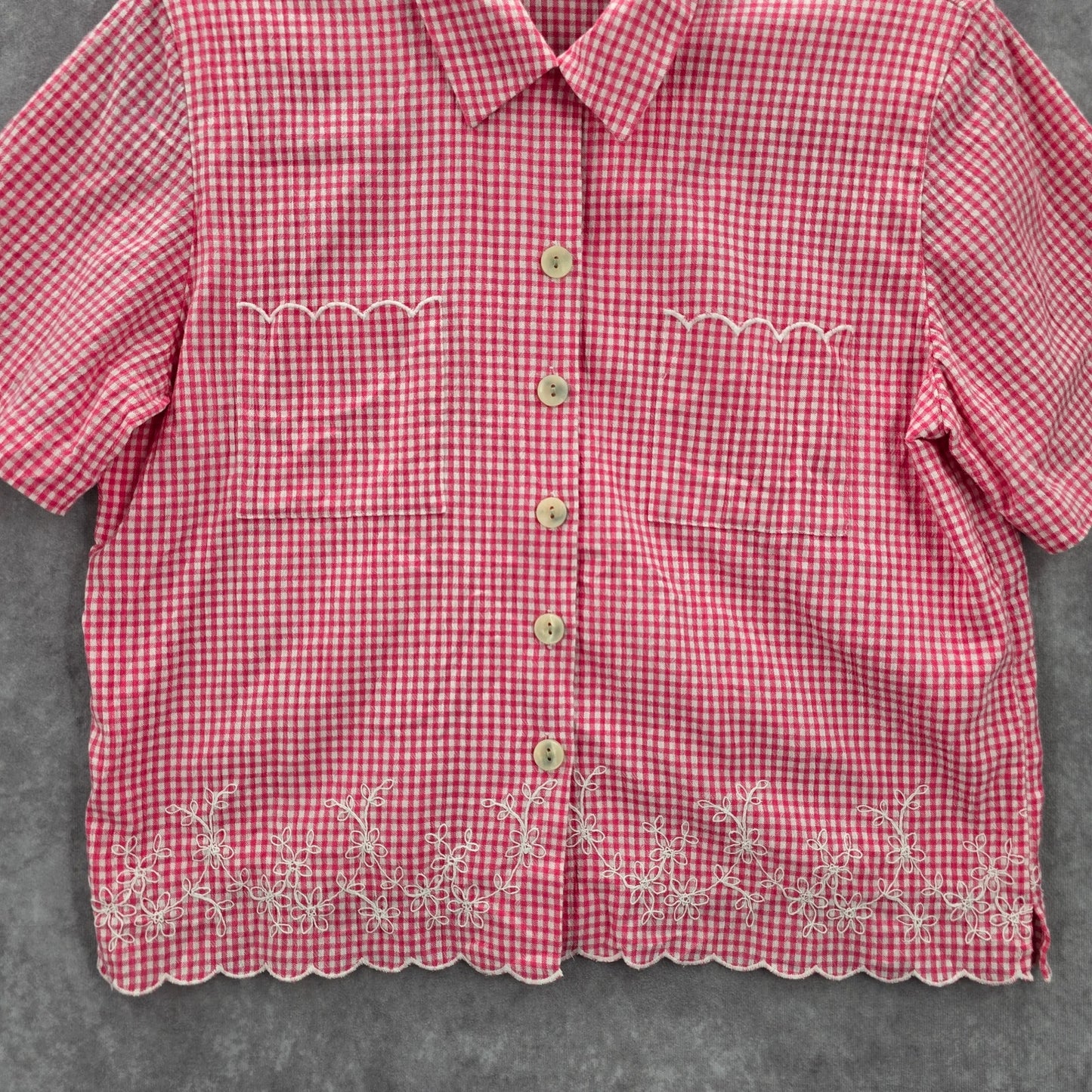 Koret Pink Plaid Short Button VTG Y2K Scallop Embroidered Floral Top Shirt