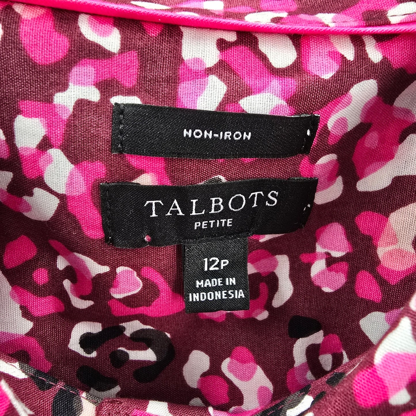 Talbots Pink Animal Print Long Sleeve Button Blouse Top Shirt Petite Cotton 12P