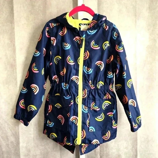 Cat & Jack Blue Green Zip Up Rainbow Hood Raincoat Coat Jacket Girls XS 4/5