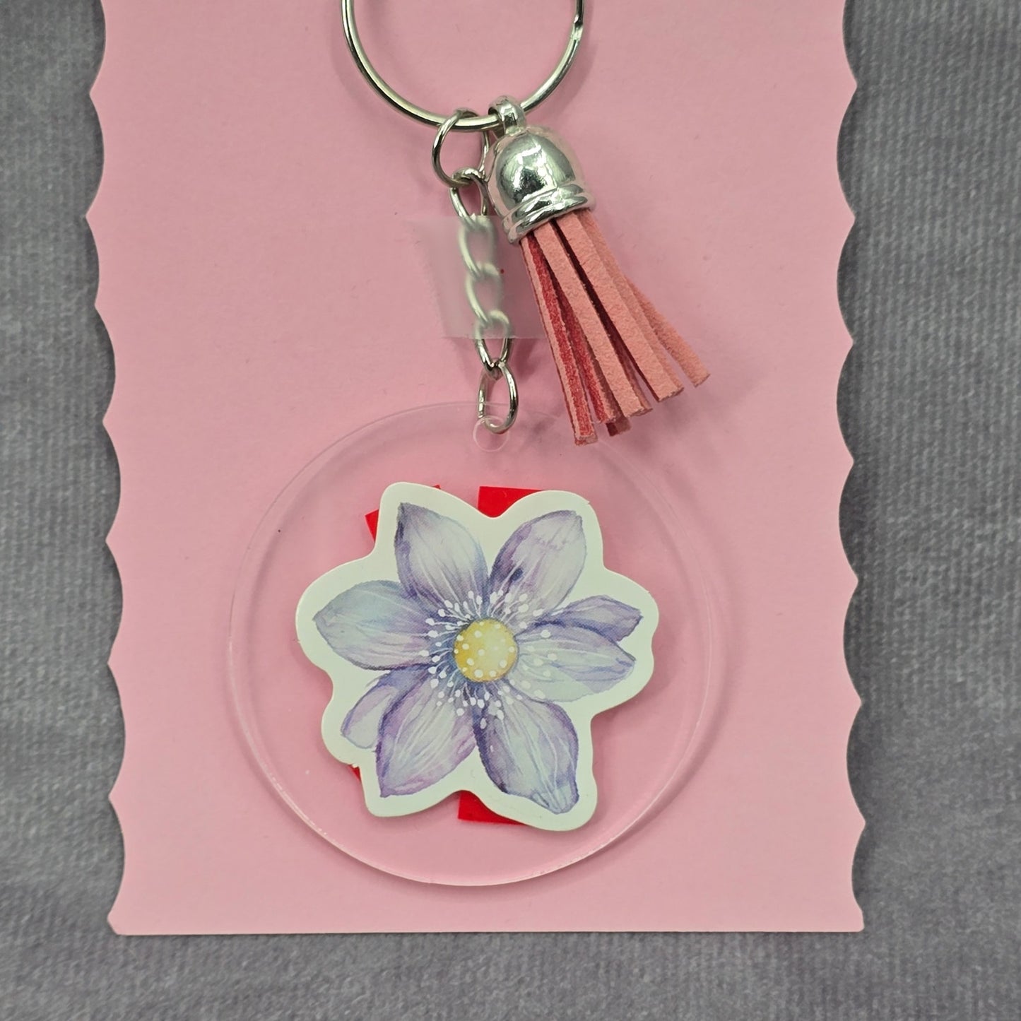 Letter Keychain Clear Silver Circle Handmade Acrylic Tassel Flower K Pink