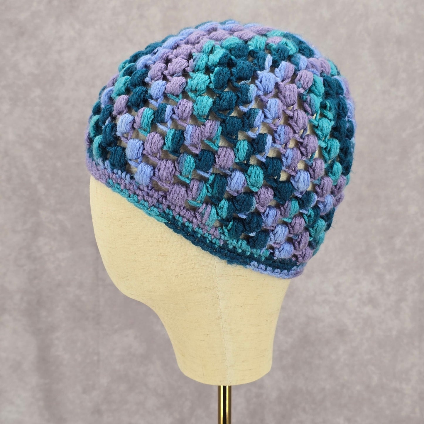 Blue Purple Crochet Knit Bucket Cap Hat Flower Vintage Y2K Beanie