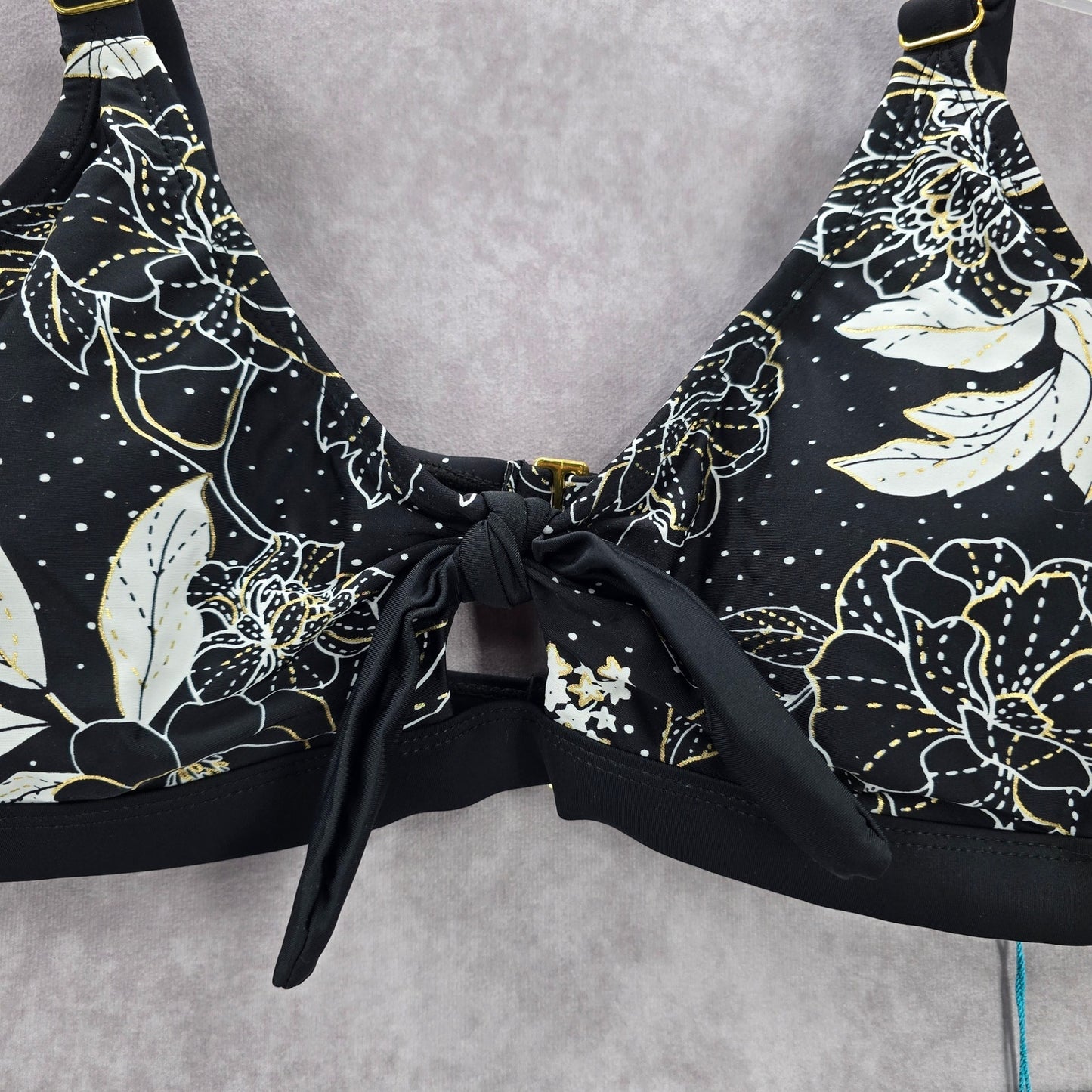 Heat Black White Floral Padded Magnolia Tie Front Bralette Swim Top L Large