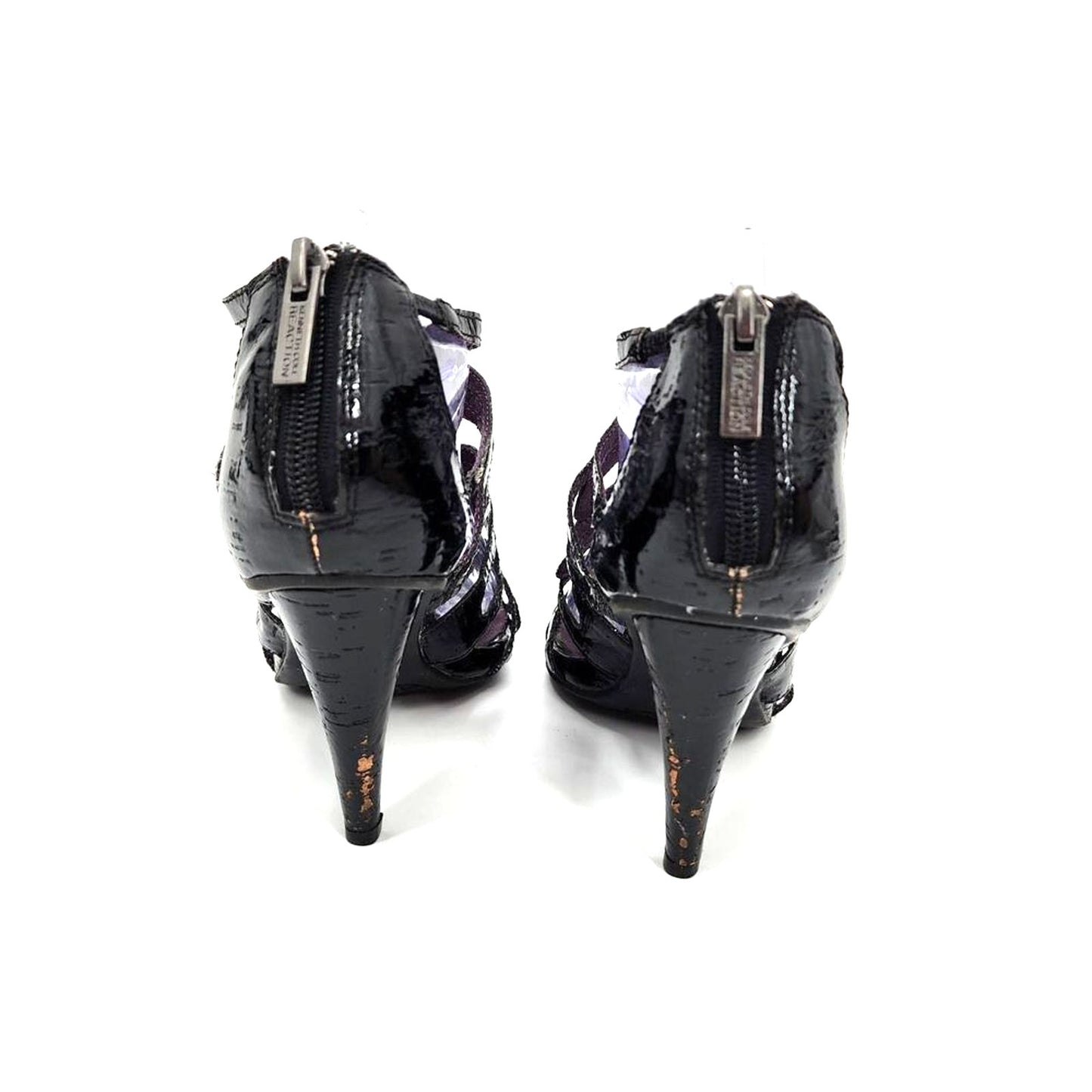 Kenneth Cole Reaction Black Patent Cage Slide In Open Toe Zip Up Heels Size 7.5